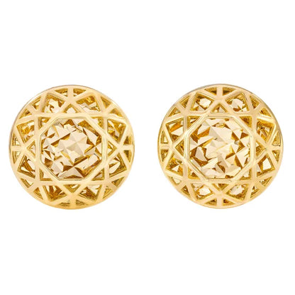 14kt Yellow Gold High Polish & Diamond Cut Round Stud Earrings