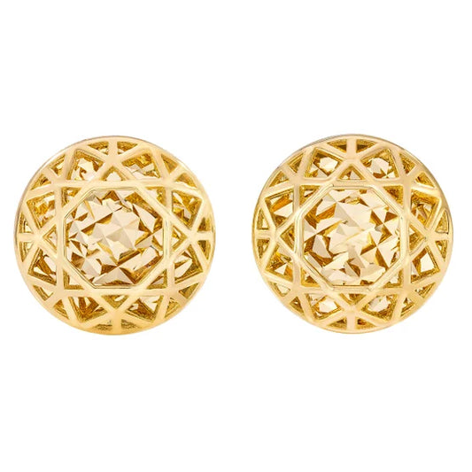 14kt Yellow Gold High Polish & Diamond Cut Round Stud Earrings