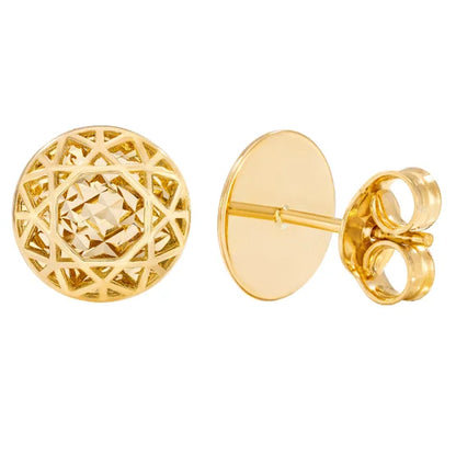 14kt Yellow Gold High Polish & Diamond Cut Round Stud Earrings