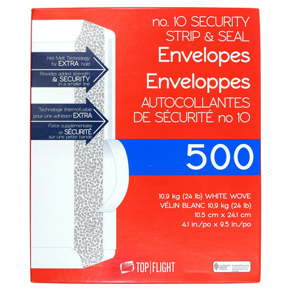 10 Security Strip & Seal Envelopes, 500-count, 24lb, 4 1/8"x9 1/2"