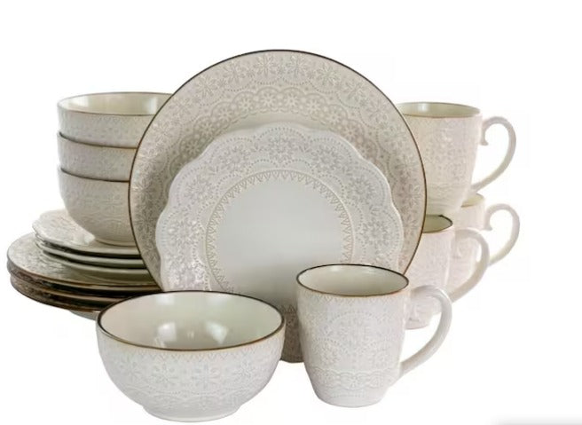 16-Piece Contessa Embossed Ivory Stoneware Dinnerware Set