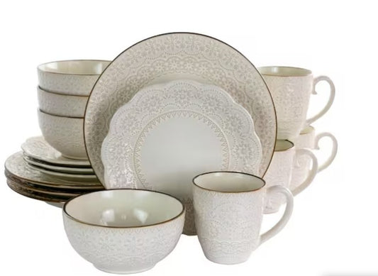 16-Piece Contessa Embossed Ivory Stoneware Dinnerware Set