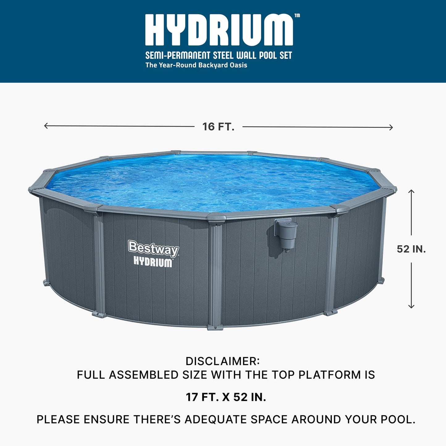 Bestway Hydrium Fastlatch 16' x 52" Round Steel Wall Above Ground Pool