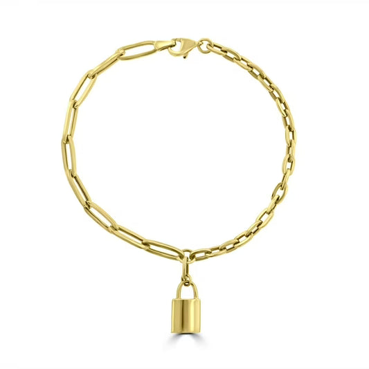 Paperclip & Cable Chain Bracelet with Padlock Charm in 14K Gold