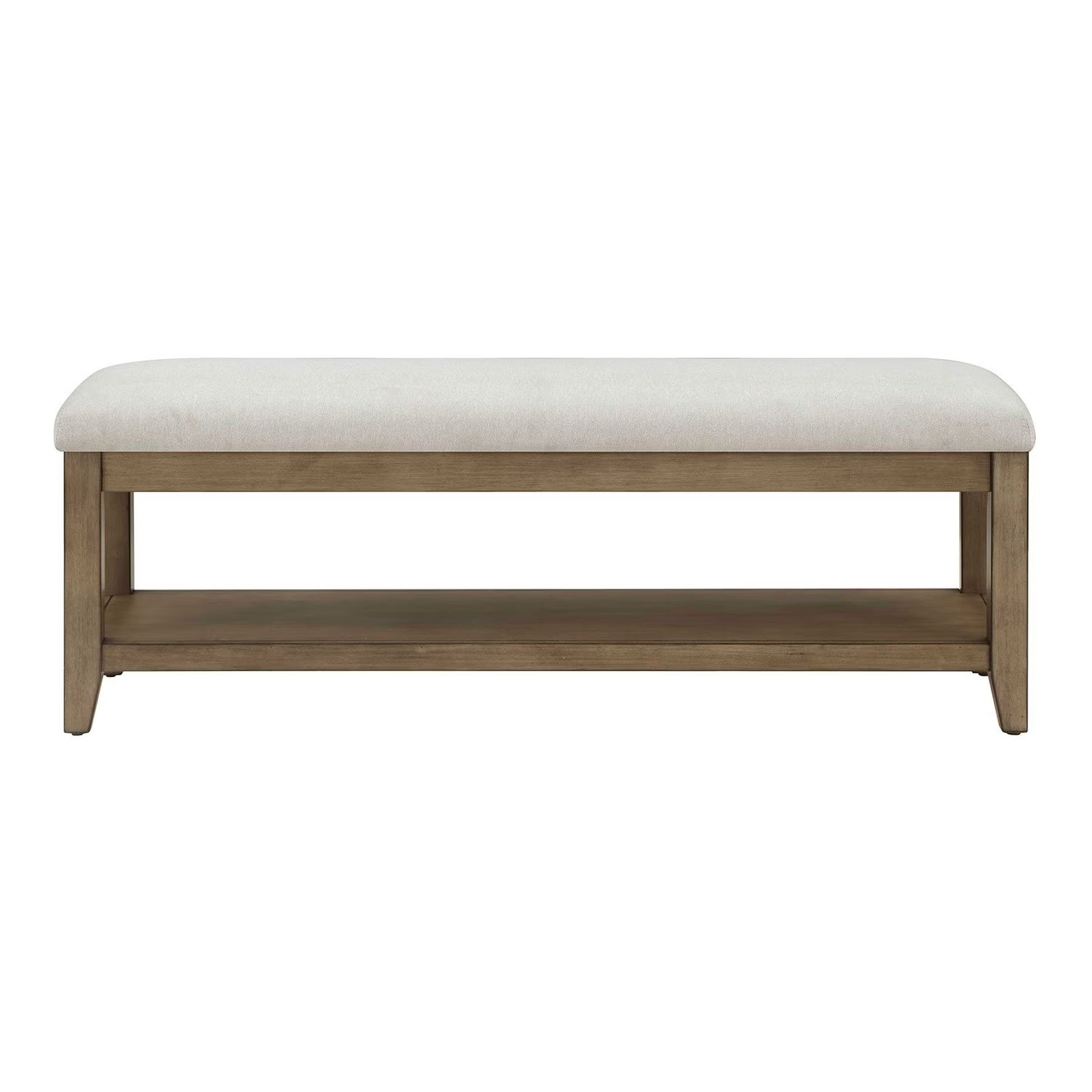 Beige Fabric Upholstery and Wood Bench with Lower Storage Shelf