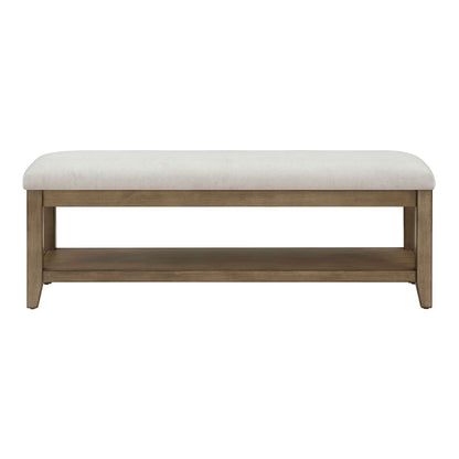 Beige Fabric Upholstery and Wood Bench with Lower Storage Shelf