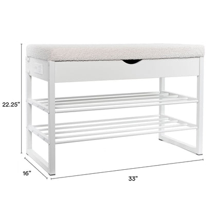 Home Upholstered Storage Bench with Charging Station, White