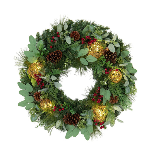 32" Greenery Wreath with Pre-Lit Spheres