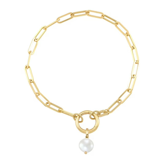 Cultured Pearl Charm Paperclip Bracelet in 14K Gold