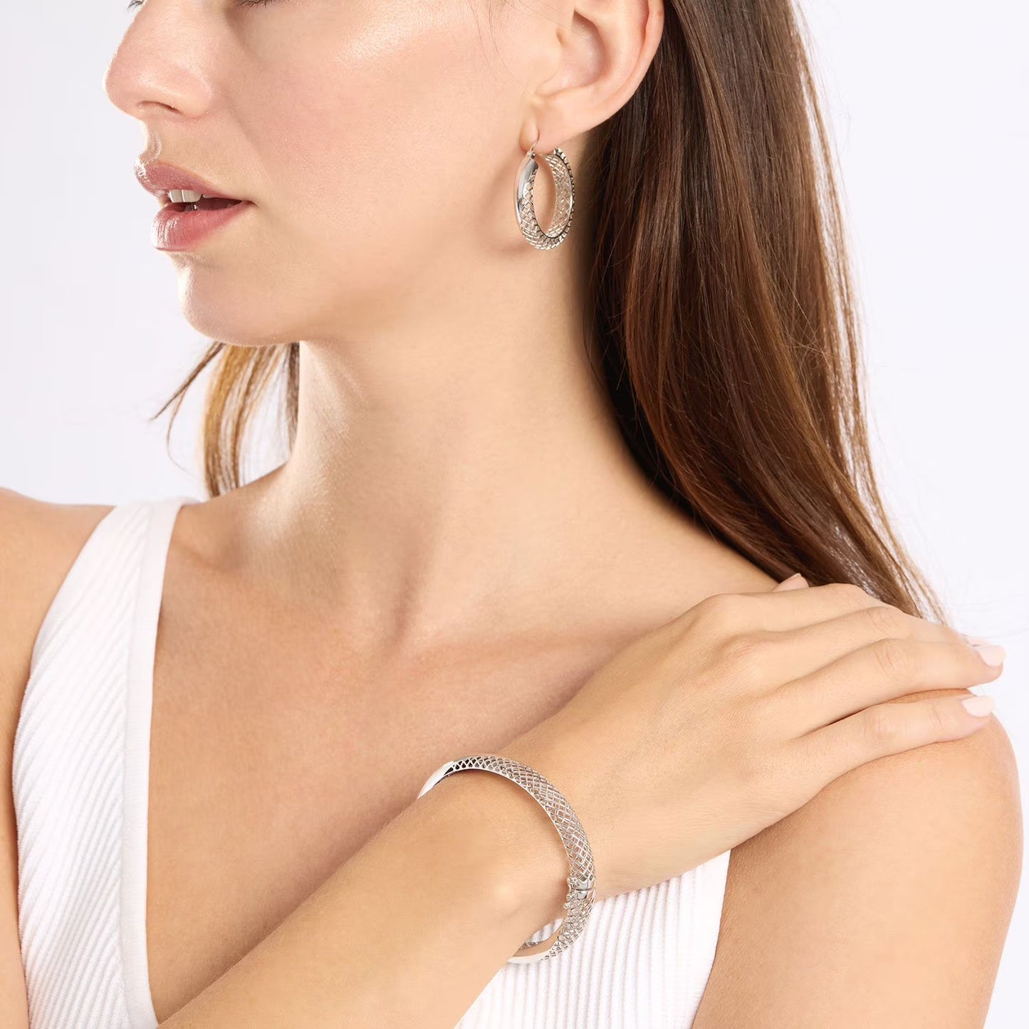 Hoop Earring and Bangle Bracelet Set in Sterling Silver