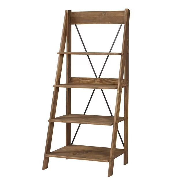68" Solid Wood Ladder Bookshelf, Brown