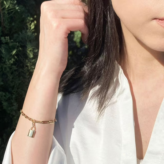 Paperclip & Cable Chain Bracelet with Padlock Charm in 14K Gold
