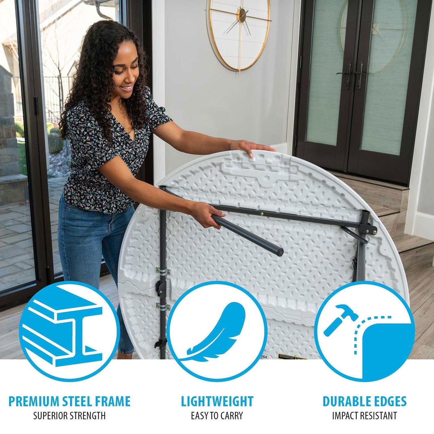 48" Fold-in-Half Round Commercial Grade Table, White Granite