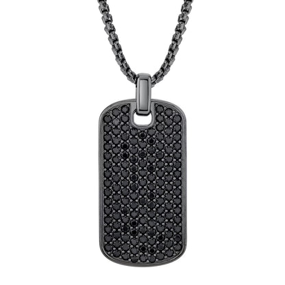 Men's Black Spinel Dog Tag Pendant Chain Necklace in Sterling Silver
