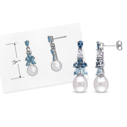 8.5-9 MM Freshwater Cultured Pearl Blue and White Topaz Drop Earrings