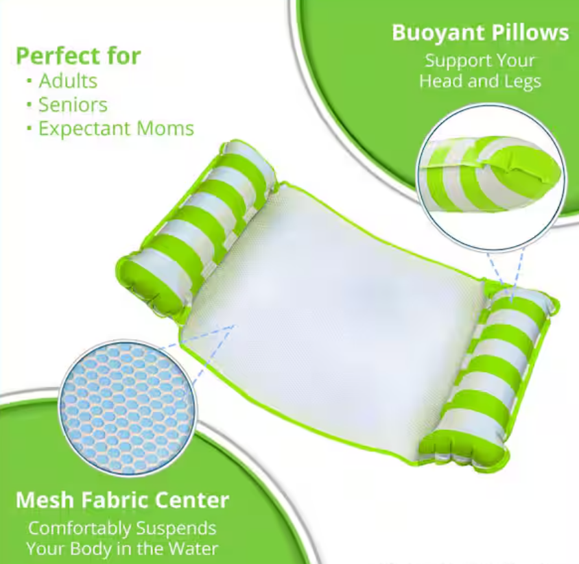 Lime Green Water Inflatable 4-in-1 Pool Hammock Floating Lounger, 2-Pack