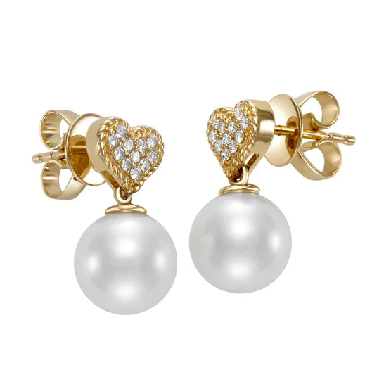 Freshwater Cultured 8-8.5mm Pearl & Diamond 14kt Yellow Gold Heart Earrings