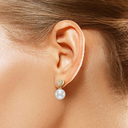 Freshwater Cultured 8-8.5mm Pearl & Diamond 14kt Yellow Gold Heart Earrings