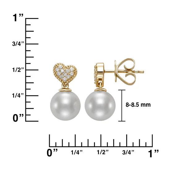 Freshwater Cultured 8-8.5mm Pearl & Diamond 14kt Yellow Gold Heart Earrings