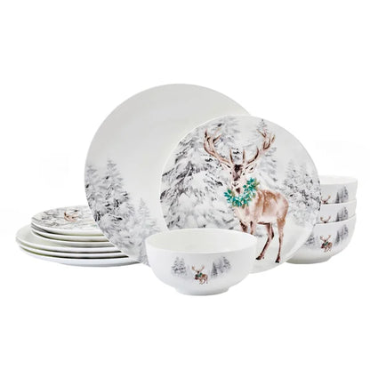 Mikasa Deer Woodsy Winter 12-piece Bone China Dinnerware Set