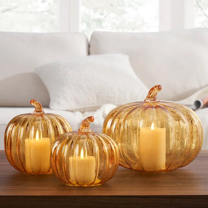 Glass Pumpkin LED Light Candles, Set of 3