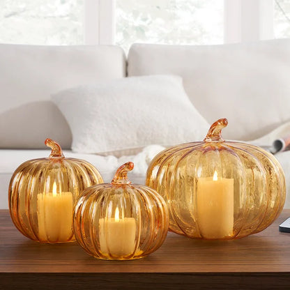 Glass Pumpkin LED Light Candles, Set of 3