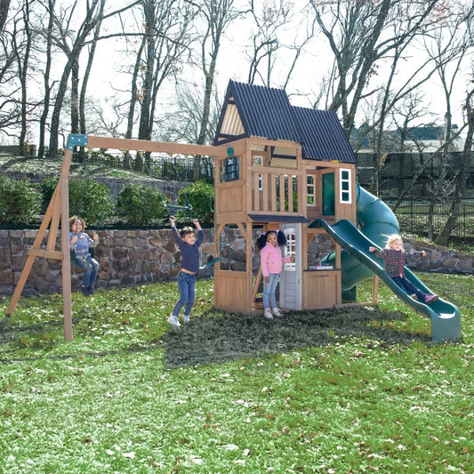 KidKraft Acadia Manor Wooden Outdoor Swing Set with Two Slides