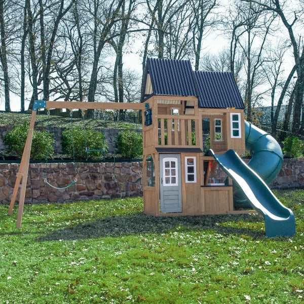 KidKraft Acadia Manor Wooden Outdoor Swing Set with Two Slides