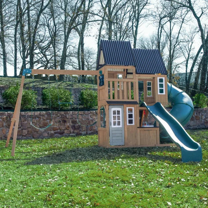KidKraft Acadia Manor Wooden Outdoor Swing Set with Two Slides