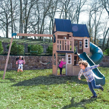 KidKraft Acadia Manor Wooden Outdoor Swing Set with Two Slides