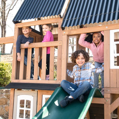 KidKraft Acadia Manor Wooden Outdoor Swing Set with Two Slides