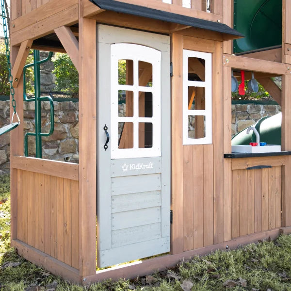 KidKraft Acadia Manor Wooden Outdoor Swing Set with Two Slides
