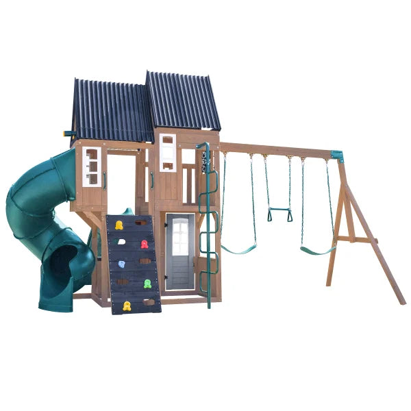 KidKraft Acadia Manor Wooden Outdoor Swing Set with Two Slides