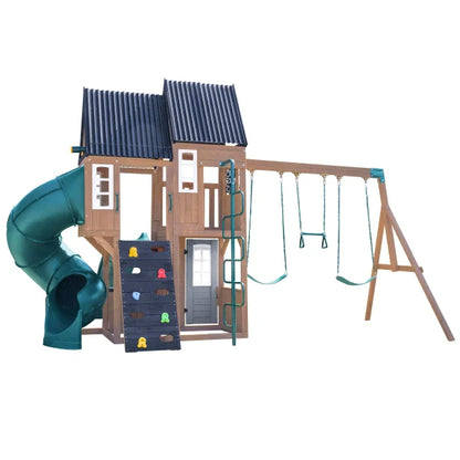 KidKraft Acadia Manor Wooden Outdoor Swing Set with Two Slides