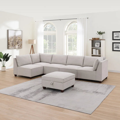 6-piece Fabric Modular Sectional with Storage Ottoman