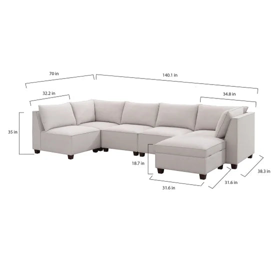 6-piece Fabric Modular Sectional with Storage Ottoman