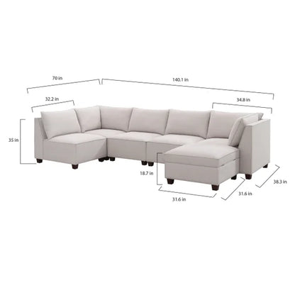 6-piece Fabric Modular Sectional with Storage Ottoman