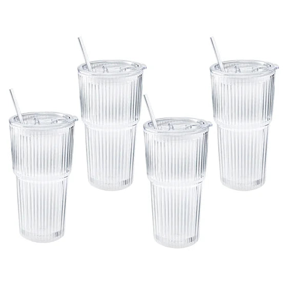 Glass Cups with Lids and Straw, 4-pack