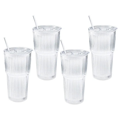 Glass Cups with Lids and Straw, 4-pack