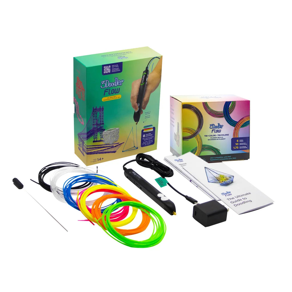 3Doodler Flow 3D Pen Bundle With Bonus Tri-color Refill Pack