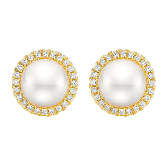 8-9 mm Pearl and Diamond 14kt Yellow Gold Earrings