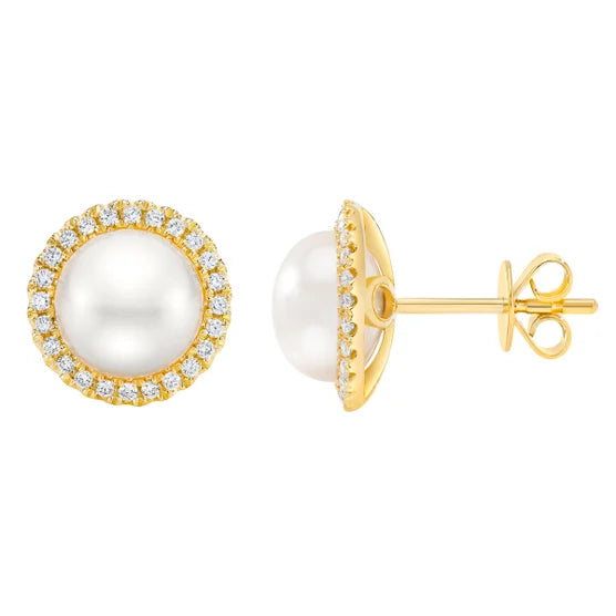 8-9 mm Pearl and Diamond 14kt Yellow Gold Earrings