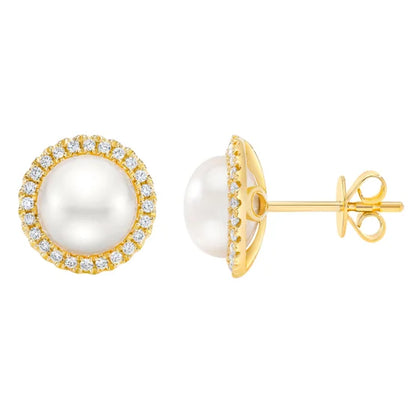 8-9 mm Pearl and Diamond 14kt Yellow Gold Earrings