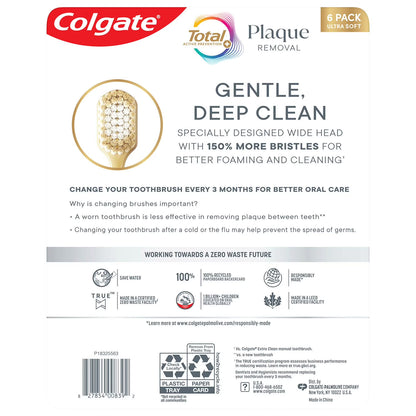 Colgate Total Plaque Removal Manual Toothbrush, Ultra Soft, 6 pk.