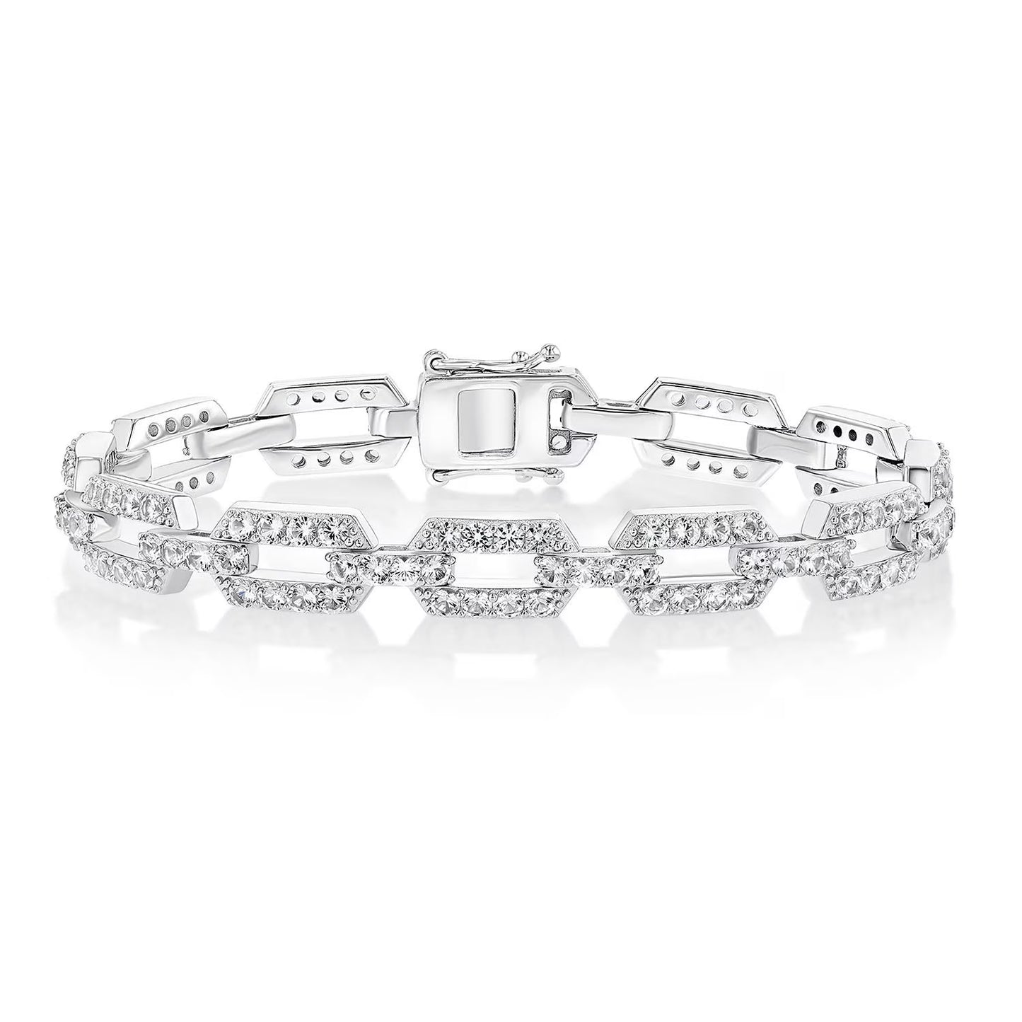 White Sapphire Square Link Bracelet in Sterling Silver