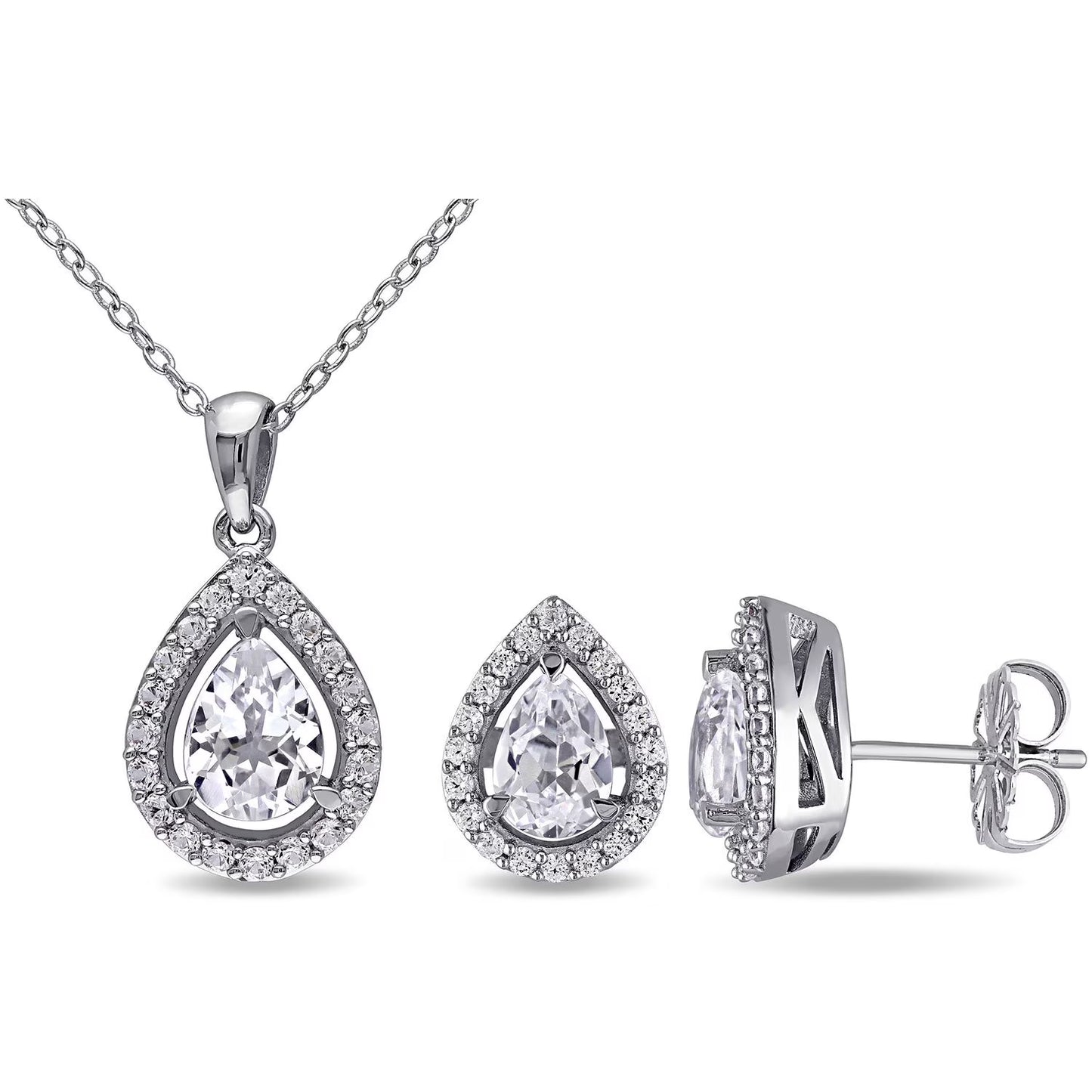 Gemstone Teardrop Halo Pendant and Stud Earrings Set