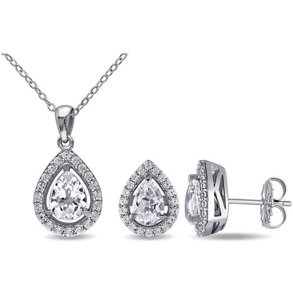 Gemstone Teardrop Halo Pendant and Stud Earrings Set