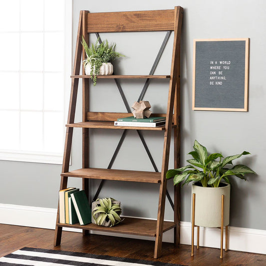 68" Solid Wood Ladder Bookshelf, Brown