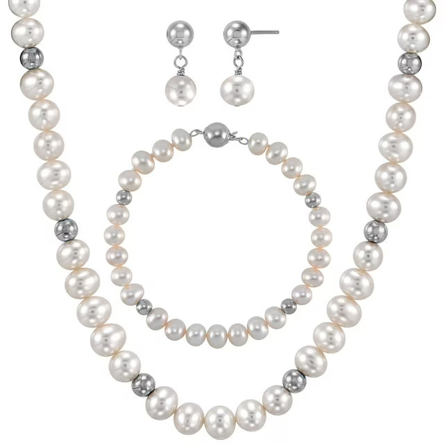 Freshwater Cultured Pearl and Silver Bead 3 Piece Set in Sterling Silver
