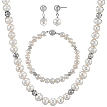 Freshwater Cultured Pearl and Silver Bead 3 Piece Set in Sterling Silver